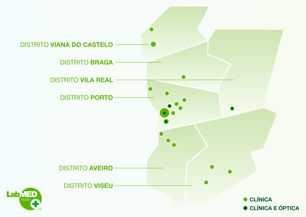 Mapa de localização das clínicas médicas e dentárias LabMED Saúde por Distrito